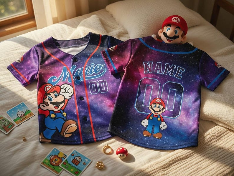 May include: Two baseball jerseys with a galaxy print featuring the character Mario. One jersey has "Mario 00" on the front, the other has "NAME 00". A Mario plush toy and game cards are also visible.