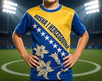 Voetbalshirt voor kinderen uit Bosnië en Herzegovina – Voetbalshirt met gepersonaliseerde naam, shirt met de Bosnische vlag, sportief cadeau voor jongens en meisjes