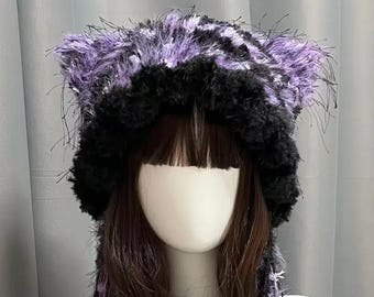 Dainty Winter Cat Ears Jellyfish Hat: Purple Crochet Patterns, Handmade Bonnet, Black Cosplay Beanie