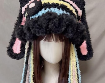 Handmade Crochet Cat Ear Beanie: Kawaii Pastel Hood with Long Tassels