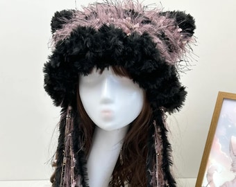 Furry Cat Ear Beanie: Plush Black Purple Kitty Hat - Etsy