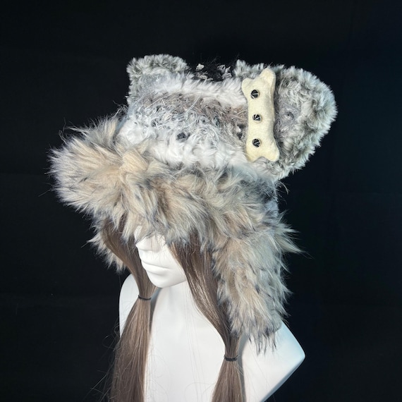 Handmade Crochet Hood With Fur And Ears Gray Plush Fox Ear Hat. Soft Crochet Hood. Furry Winter Gift  main image 2