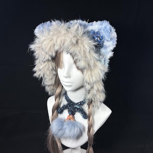 Handmade Blue Wolf Ears Women Hat: Gray Crochet Beanie, Winter Yarn Bonnet