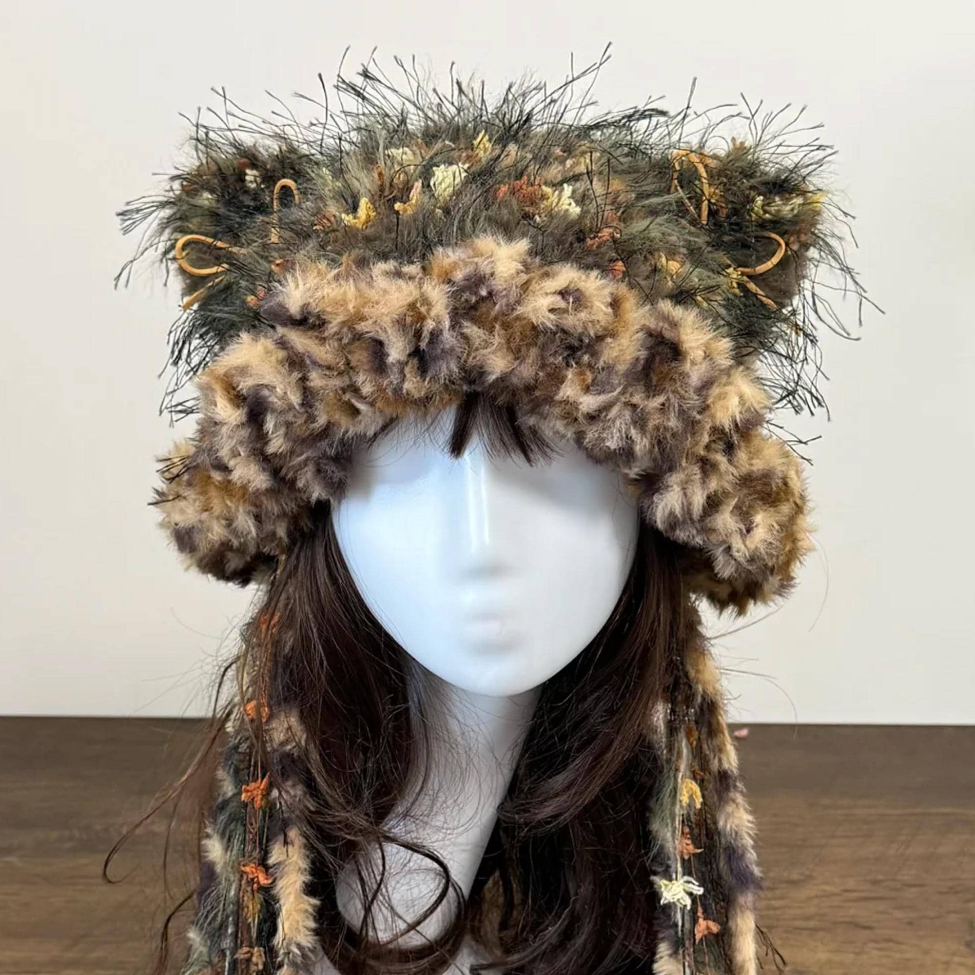 Faux Fur Cat Ear Beanie Hat Leopard Print Fluffy Winter Warm Handmade Leopard Print Faux Fur Cat Ear Hat – Y2K Winter  main image 2