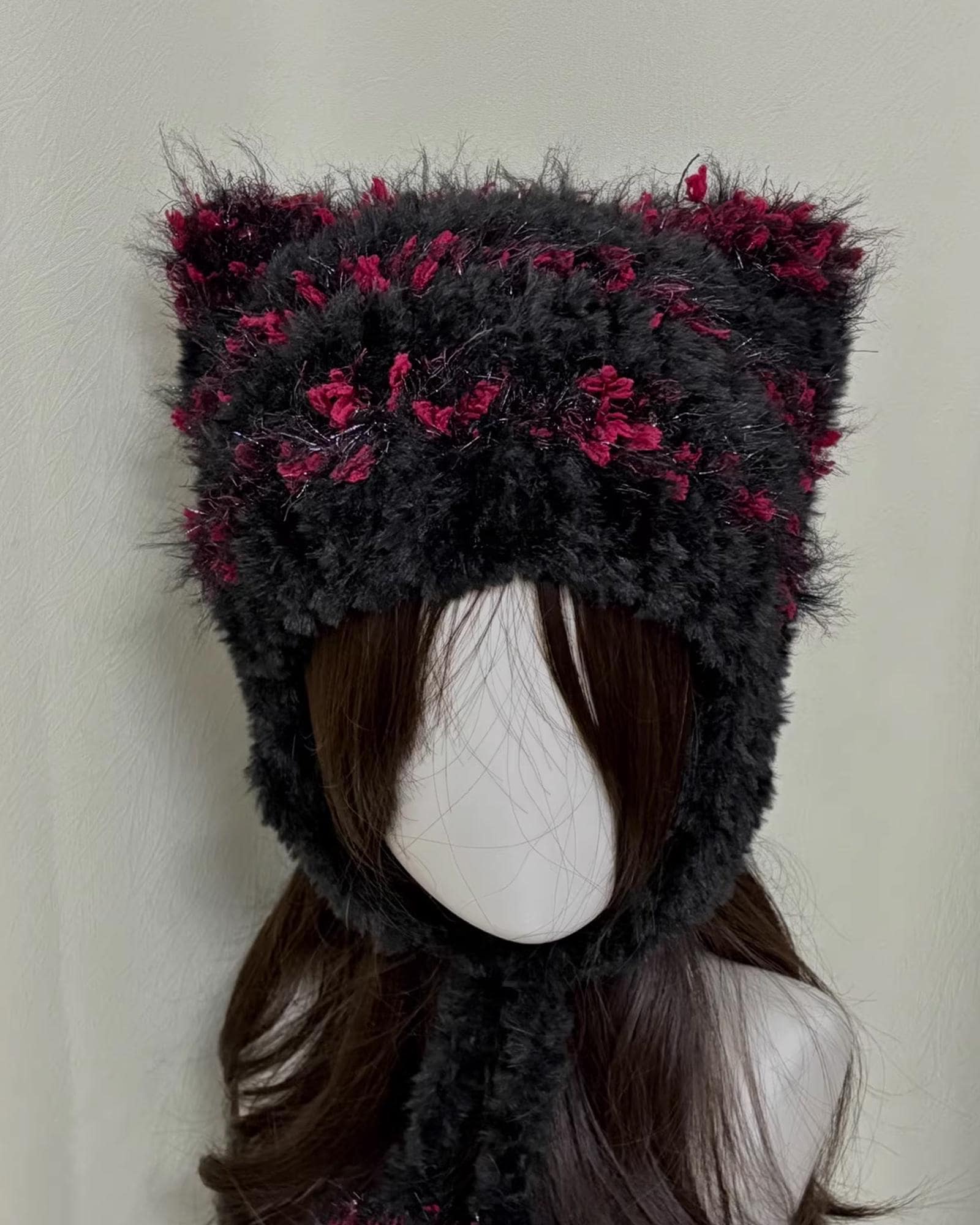 Gothic Black & Red Cat Ear Hat: Fluffy Handmade Cosplay Beanie