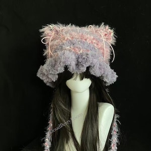 Kawaii Crochet Cat Ear Beanie: Handmade Fluffy Cosplay Hood, Pink