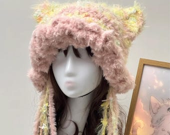 Crochet Cat Ear Beanie: Handmade Furry Kawaii Winter Hat, Pink, Yellow