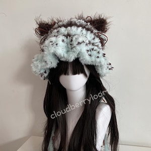 Crochet Cat Ear Beanie: Light Blue Kitty Hood, Handmade Knit Gift, Blue, Flower