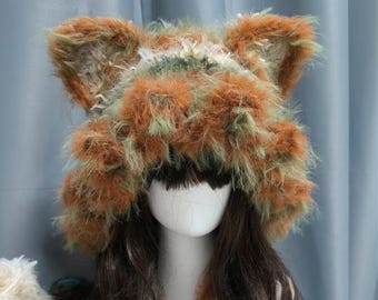 Frauen Fuchs Ohrhauben: Orange Garn, Wintermütze, grün gehäkelte Beanie