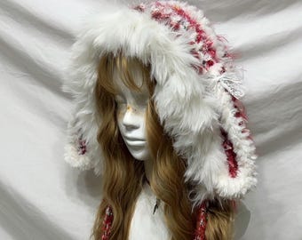 Snow Fairy Bunny Ear Crochet Hood: White Red Winter Christmas Bonnet, Free Size.
