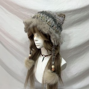 Handmade Crochet Cat Ear Hat: Soft Plush Yarn, Women&#39;s Winter Beanie, Gray Hood