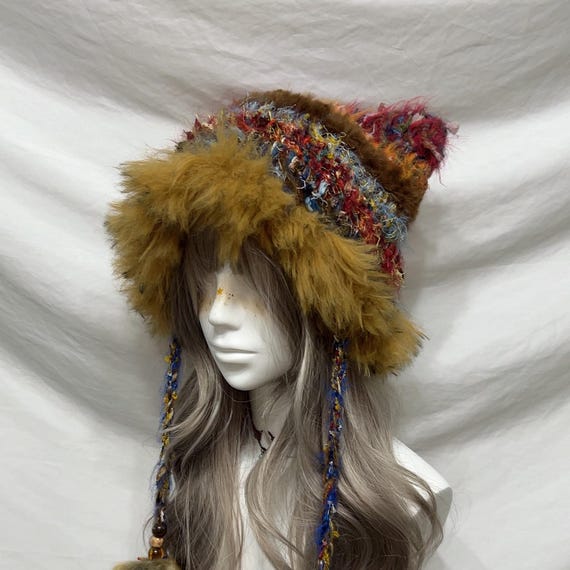 Handmade Cat Ear Hat :yellow Brown Striped Bucket Hood, Boho  display picture 2