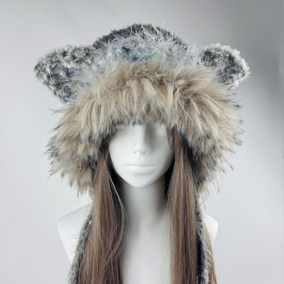 Gray Plush Fox Ear Hat. Soft Crochet Hood. Furry Winter Gift 