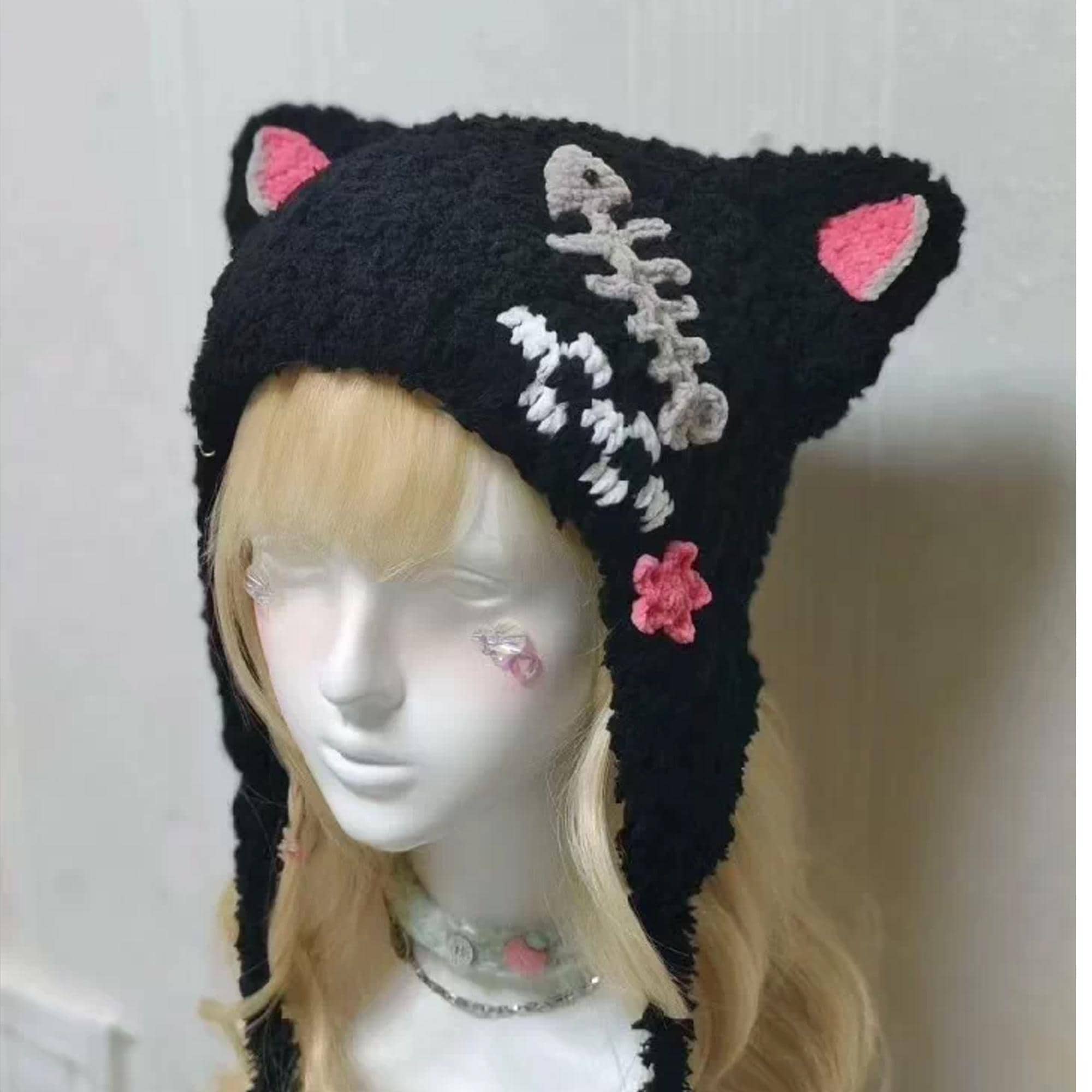 Handmade Black Cat Ear Hat With Paws: Fluffy Crochet Winter Beanie