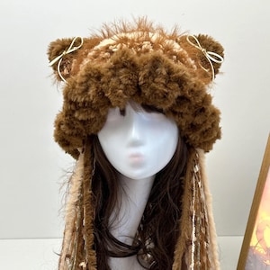 Handmade Crochet Cat Ear Beanie: Fluffy Brown Winter Hat, Brown, Normal Size