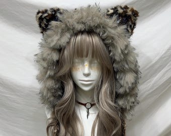 Harajuku Furry Fox Ear Hood: Chunky Faux Fur Kitty Hat, Winter Cosplay Animal Costume.