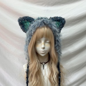 Blue Fox Ear Crochet Hat: Handmade Fluffy Cosplay Hood