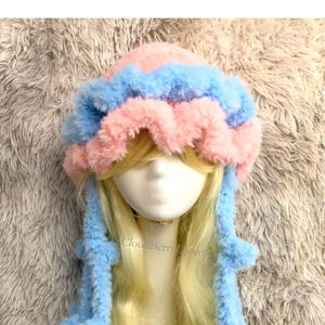 Handmade Jellyfish Hat,Pink and Blue Fluffy Crochet Hat, Kawaii Fairycore Cosplay Costume, Unique Gift for Her.A0118