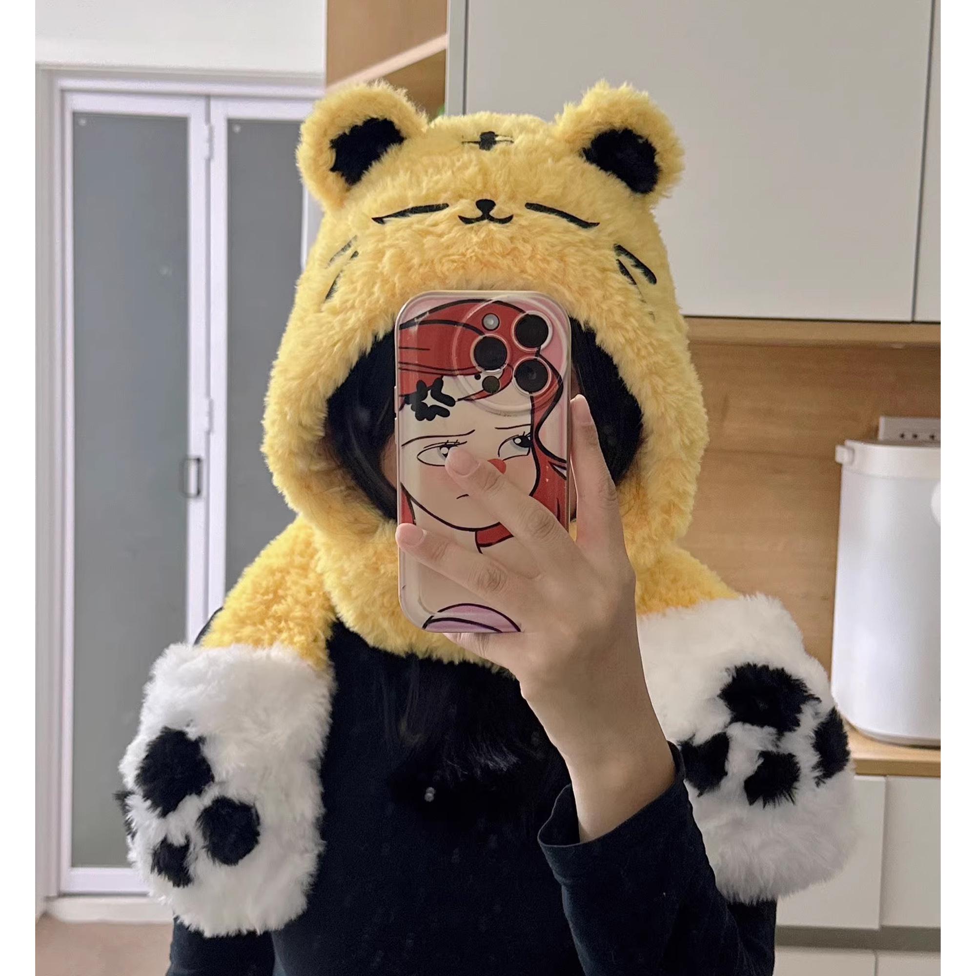 Cheveux Brand Tiger Hooded Scarf with Mittens Handmade in Nepal Wool Animal Fluffy Plush Warm Full Hoodie Hat/Animal Hat Cap With  main image 4