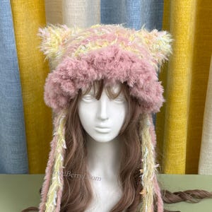 Crochet Cat Ear Beanie: Handmade Furry Kawaii Winter Hat, Pink, Yellow
