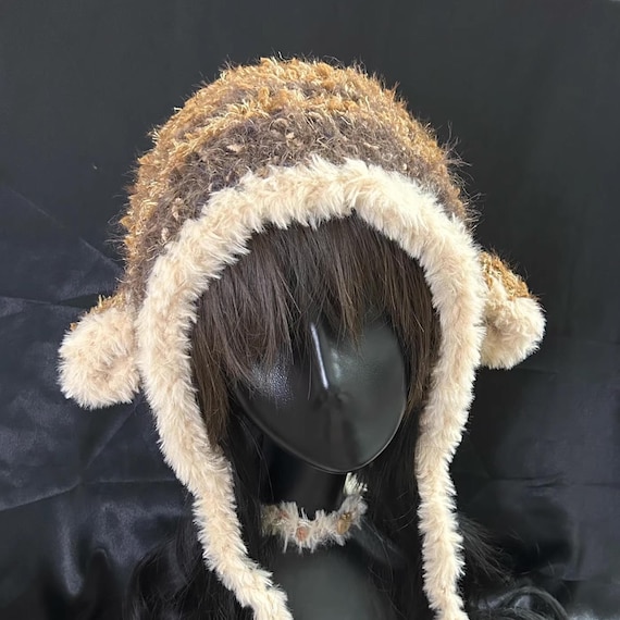 Handmade Beige Brown Crochet Lamb Ear Hat: Girls Winter  display picture 1