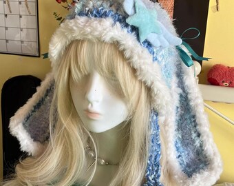 Hand-crocheted Bunny Ear Hat: Blue White Rabbit Beanie, Lolita Costume.