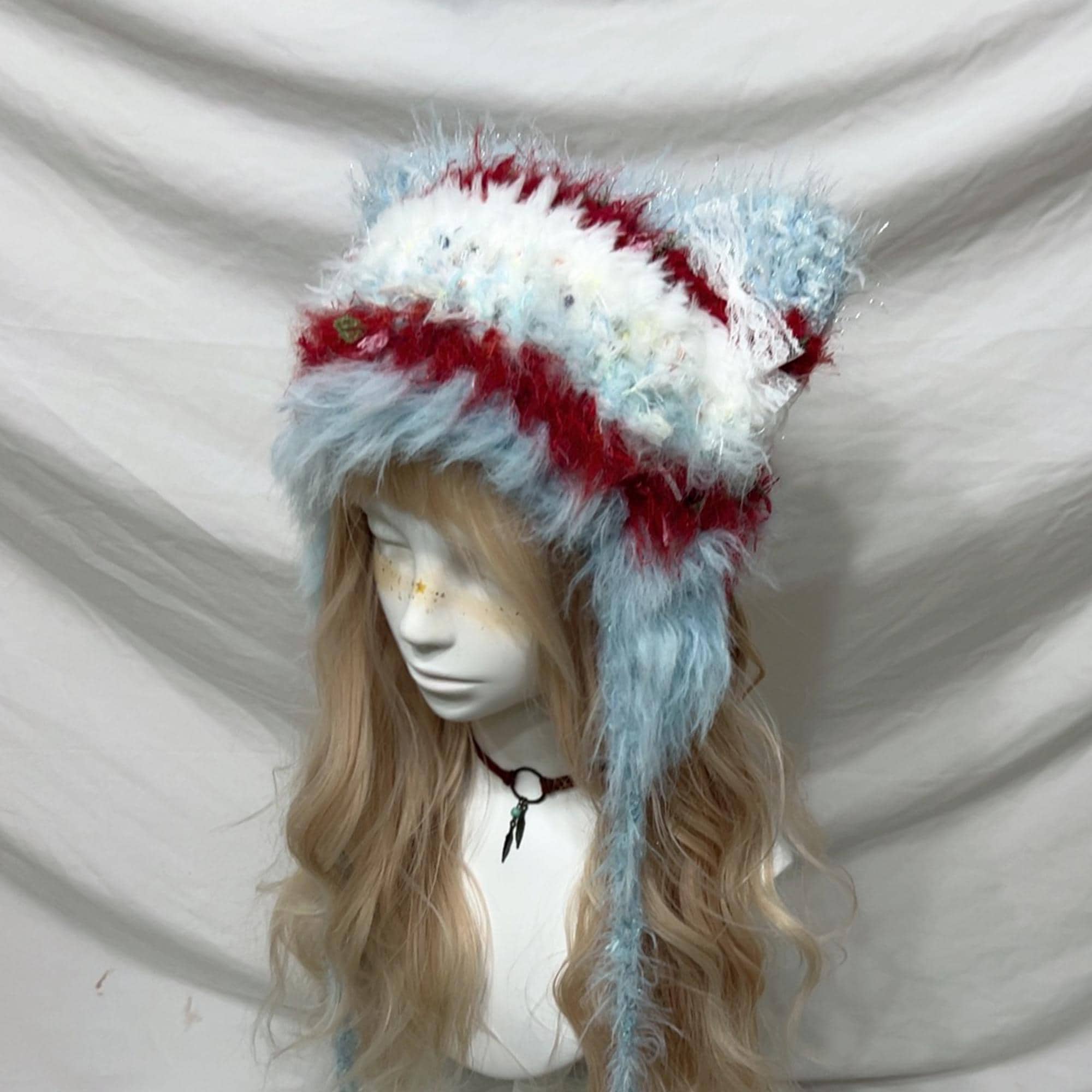 Handmade Crochet Kitty Ears Beanie: Blue, Red & White Knit Cat Hat, Color Pattern Hat