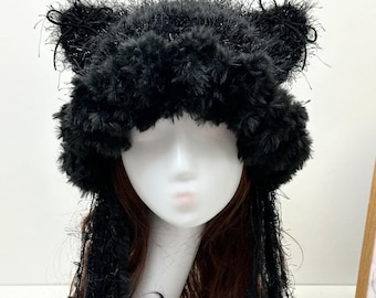 Handmade Crochet Cat Ear Beanie: Fluffy Black Winter Hat, Dark, Green