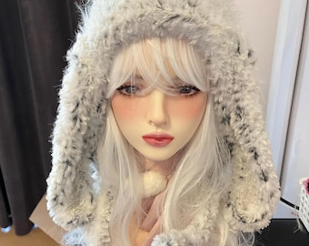 Handmade Crochet White Bunny Ear Hat: Rabbit Beanie with Paws, Fluffy Winter Animal Hood.