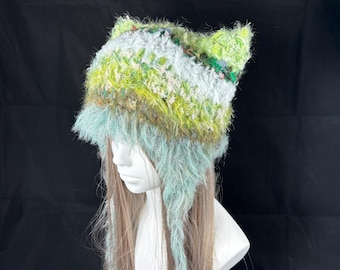 Handmade Crochet Cat Ear Beanie: Green Kitty Hood, Cosplay, Forest