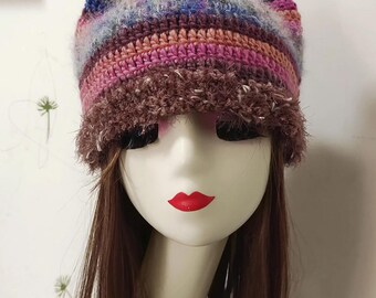 Handmade Crochet Pastel Cat Ear Hat: Kawaii Winter Hood, Girls Beanie.