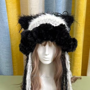 Crochet Panda Plush Hat: Handcrafted Knit Beanie with Braids, Panda Hood, White, Black