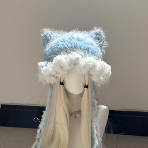 Handmade Crochet Cloud Beanie: Blue White Gradient Winter Hat, White