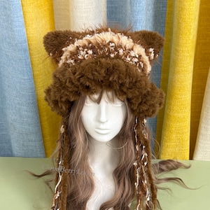 Handmade Crochet Cat Ear Beanie: Fluffy Brown Winter Hat, Brown, Normal Size