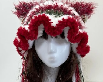 Christmas Cat Ear Hood: Handmade Crochet Winter Hat, Red Green White Holiday Bonnet.