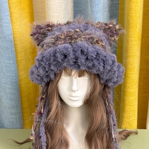 Handmade Crochet Cat Ear Plush Hat，Soft Fluffy Knit Cap with Braided Ties,Purple Hat,Cute Gift for Her.