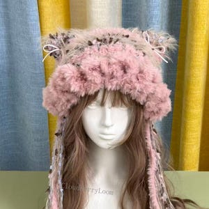 Handmade Plush Cat Ear Crochet Hat，Soft Fluffy Knit Beanie with Long Tassels，Pink Woolen Hat，Cute Kawaii Gift for Her.