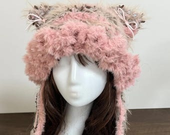 Handmade Hood with Fuzzy Ears And Braided Tassels Handmade Crochet Cat Ear Hood: Fuzzy Pink Beanie With  main image 4