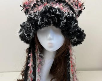 Gorro de ganchillo con orejeras de pelo, hecho a mano, para cosplay kawaii, color rosa