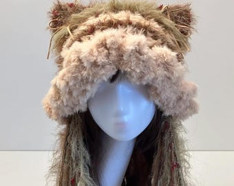 Handmade Crochet Cat Ear Beanie: Mori Kei Forest Style, Brown And Beige