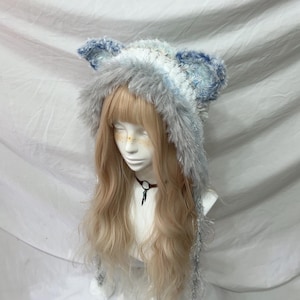 Light Blue Crochet Fox Ears Beanie: Handmade Knit Winter Hat, White Yarn Hood