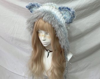 Light Blue Crochet Fox Ears Beanie: Handmade Knit Winter Hat, White Yarn Hood