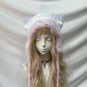 Pastel Pink Crochet Cat Ear Hat: Kawaii Faux Fur Hood, Blue, White