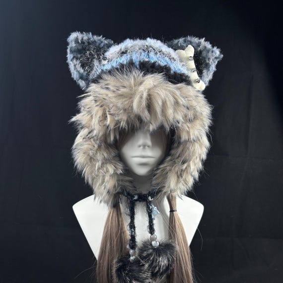 Jungle Blue Fox Ears Hood: Fluffy Faux Fur Animal Men's Hat, Yarn