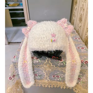 Crochet Bunny Ear Beanie: Handmade Pink & White Knit Hat, Bow