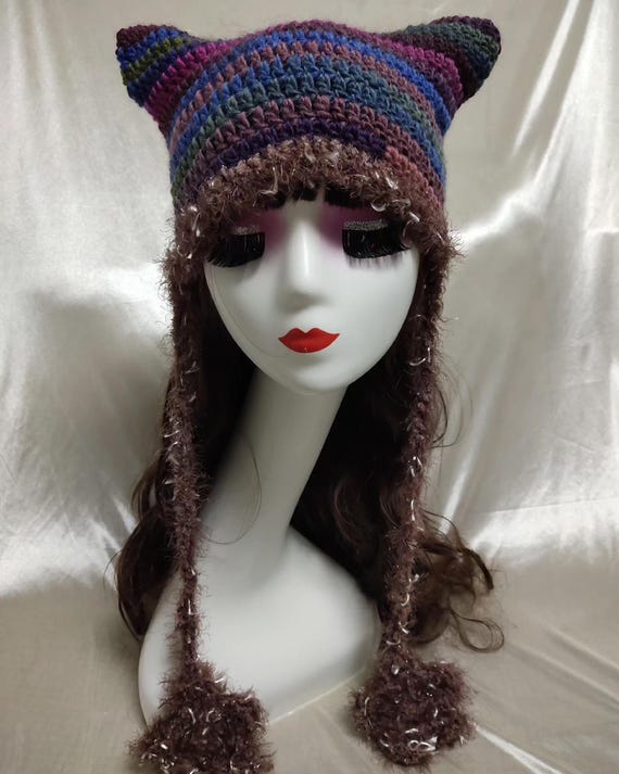 Cat Ear Beanie Crochet Hat Brown Green Stripe Handmade Knit Kitty Soft Winter Handmade Crochet Cat Ears Beanie, Earthy Tones Aesthetic  main image 2