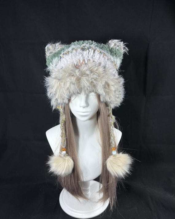 Green Cream Cat Ear Crochet Hood : Handmade Fluffy Winter  display picture 3