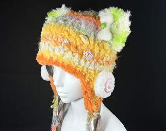 Handmade Orange Cat Ears Hat: Kawaii Crochet Beanie, Flower Pattern
