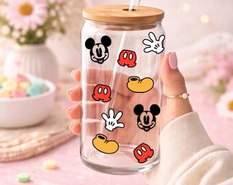 Custom Mickey Mouse and Minnie Mouse Glass Cup 16oz, Disney Cup, Personalized Name, Glass Cup with Lid and Straw