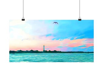 Sunset Beach Lighthouse Seagull 20 x 10 Poster - Vintage Shore